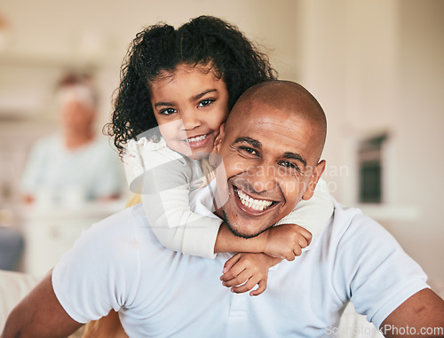 Image of Home portrait, father and kid hug dad, papa or parents for fathers day time together on vacation holiday in Indonesia. Happy family portrait, youth support and child care from man with daughter