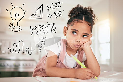 Image of Math homework, education or child thinking of mathematics solution, problem or remote home school. Learning difficulty, ADHD and bored kid contemplating equation numbers for youth development project