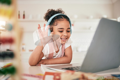 Image of Laptop, video call communication and happy child elearning, wave hello or talking in remote youth development lesson. Home school education, learning in study and young kid listening on online class