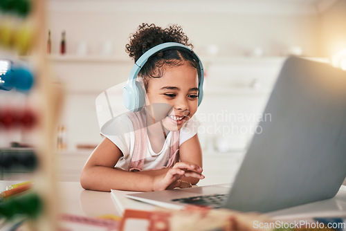 Image of Laptop, home education and happy child elearning, kindergarten homework or remote school work. Knowledge website, learning software and young kid streaming youth development lesson on headphones