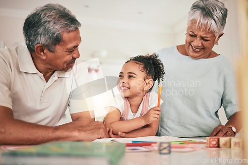 Image of Happy family grandparents, education and kid learning, doing kindergarten homework or remote home school. Creative study, knowledge and child studying in youth development lesson with senior people