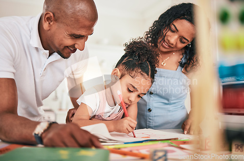 Image of Home school, education and happy family in a kitchen for homework, writing and studying together. Remote, learning and girl with parents, bond and relax while enjoying a fun educational activity