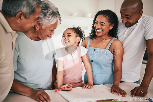 Image of Child education, home learning and happy family helping young kid with homework, studying or remote school work. Knowledge, creative drawing and child support from grandparents, parents and kids bond