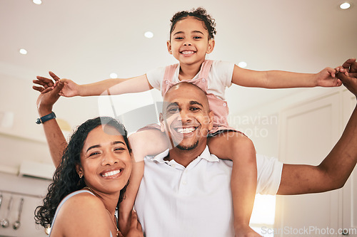 Image of Love, home portrait and happy family fun, playing and spending time together for weekend bonding. Happiness, youth support and child care from mother, father or parents with kids on shoulder smiling