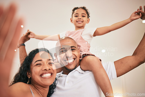 Image of Selfie, portrait and happy family fun, playing and enjoy time together with home photo memory of weekend bonding. Happiness, love and child care from mother, father and parents with kids on shoulder