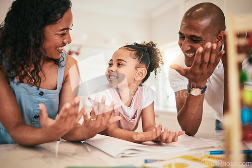 Image of Happy family, math or learning child counting, doing kindergarten homework or remote home school. Education, creative study or kid studying with support from mom, dad or parents for youth development