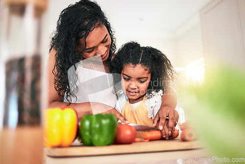 Image of Family, mother and kid cutting vegetables, cooking together and learning chef skill n kitchen. Nutrition, healthy food and organic with woman teaching girl and learn to cook at home with bonding
