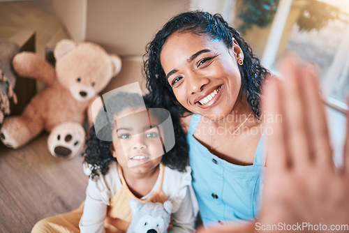 Image of Selfie, face portrait and happy family mother, mom or parents relax with daughter, playing and having fun. Memory picture, love bond and child with woman moving into new home, house or apartment