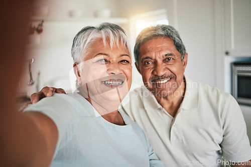 Image of Happy, smile and elderly couple portrait for selfie, photo or profile picture in their home together. Pose, old people and face of retired seniors having fun, cheerful and excited for video call