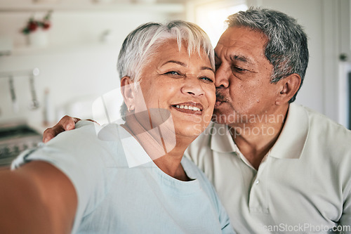 Image of Selfie portrait, kiss and senior happy couple love, home romance and bonding on memory photo. Romantic marriage partner, face and elderly man, old woman or people smile on retirement time together