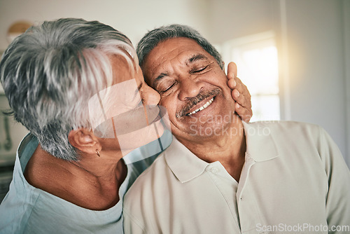 Image of Love, kiss and elderly face of happy couple romance, spouse support and smile during retirement time together. Happiness, romantic marriage partner and senior woman, old man or people bonding at home