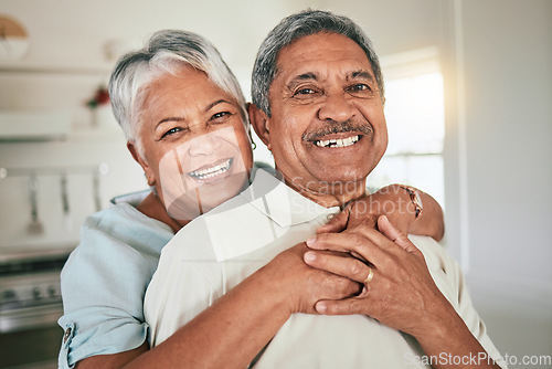 Image of Happy face portrait, hug and old couple smile, bonding and enjoy romantic time together at home apartment. Retirement love, senior partner and elderly man, woman or people embrace for marriage care