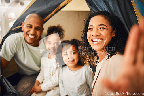 Image of Selfie, home camping and happy family portrait, bonding and smiling together on vacation in Brazil holiday house. Memory photo, youth childhood or cheerful children, mother and father playing in tent