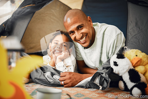 Image of Father, girl and portrait with tent in house for game, toys or happy for bonding, love or playing together. Dad, child and excited face for camping games in family home with happiness on lounge floor