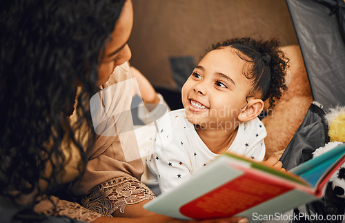 Image of Happy family, mother or child reading story book, cartoon comic books and bonding with mom, mama or parents. Love, youth development and bedtime storytelling for kid listening to fairytale fantasy