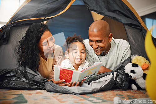 Image of Home, camping and child reading story book, cartoon comic books and bonding with mother, father or happy family parents. Love, youth development or storytelling for kid listening to fairytale fantasy