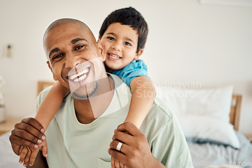 Image of Happy family portrait, bonding and child hug father, papa or dad for morning affection in hotel bedroom. Vacation happiness, piggyback or face of smiling man and youth kid enjoy quality time together