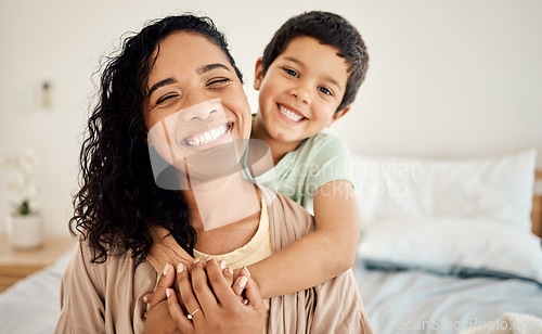 Image of Happy family, portrait or child hug mother, mama or mom for morning bonding in hotel bedroom. Vacation happiness, holiday affection or face of youth, kid or son with woman enjoy quality time together