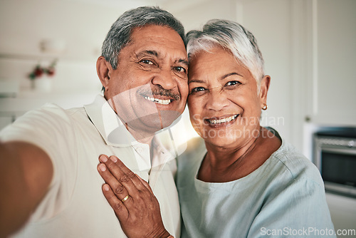 Image of Love, happy and elderly couple smile for selfie, profile picture and photo in living room, cheerful and hug. Portrait, retirement and excited old people enjoying retired lifestyle in their home