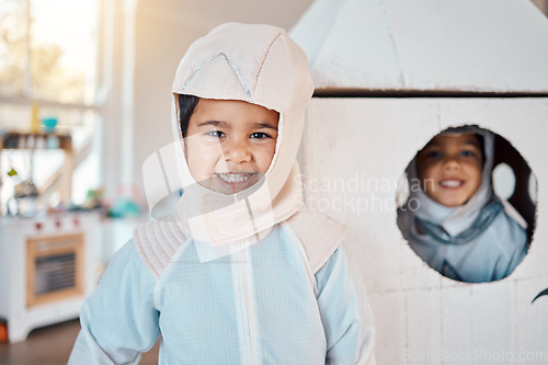 Image of Astronaut portrait, spaceship and children happy, playing and role play space travel, home fantasy games or pretend rocket. Explore universe, Halloween costume and youth kids imagine galaxy adventure