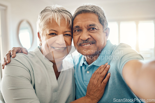 Image of Selfie portrait, hug and elderly couple smile, bonding and enjoy romantic time together in Brazil apartment. Retirement love, social media memory photo and happy senior man, woman or people embrace