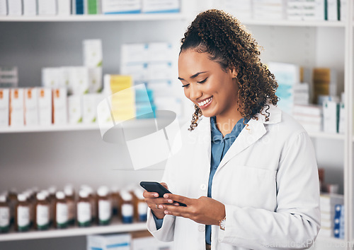 Image of Pharmacist, smile and woman with smartphone, connection and telehealth with mobile app, social media and texting. Female employee, happy person and healthcare professional with cellphone and chatting