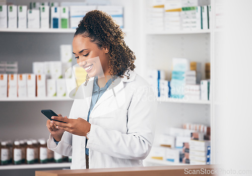 Image of Pharmacist, phone or happy woman texting in pharmacy to contact, email communication or reading chat. Social media, or doctor on mobile app, typing or searching medical news on internet in workplace