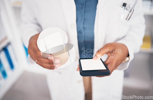 Image of Pharmacist, phone or hands of person with coffee texting in pharmacy to contact email or online chat. Social media, mockup space or doctor on mobile app, typing or searching medical news on tea break