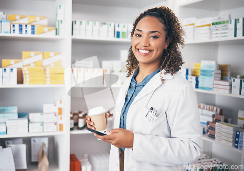 Image of Pharmacist, phone or portrait of woman with coffee texting in pharmacy to contact email or online chat. Social media, happy or doctor on mobile app, typing or searching medical news on tea break