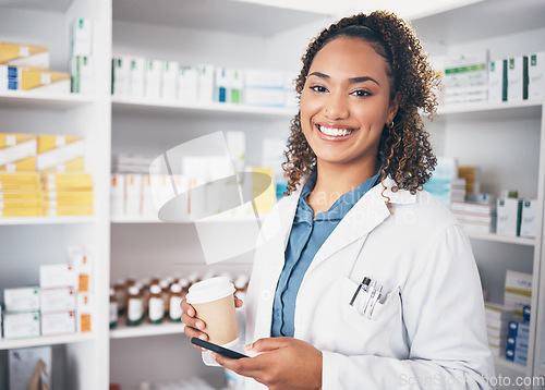 Image of Pharmacist, phone or portrait of happy woman with coffee texting in pharmacy to contact email or online chat. Social media, smile or doctor on mobile app typing to search medical news on tea break