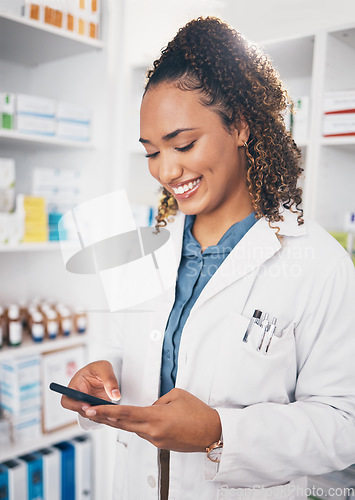 Image of Pharmacy, smile and woman with smartphone, typing and connection for telehealth, social media and chatting. Female employee, person and pharmacist with cellphone, mobile app and texting with network