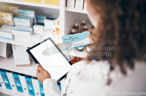 Image of Tablet, mockup or woman pharmacist with medicine pills or supplements products to check inventory. Marketing space, digital screen or doctor with boxes of medical drugs or retail pharmacy stock