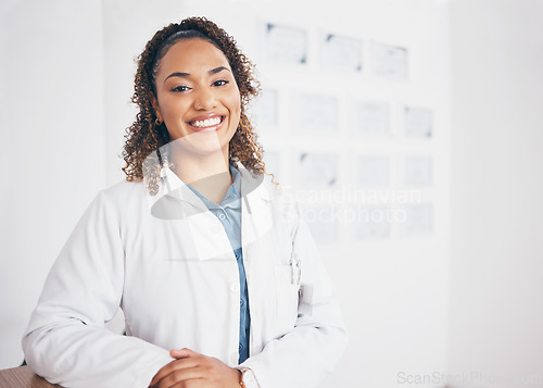 Image of Portrait, doctor or happy woman in healthcare hospital with smile, pride or trusted medical advice to help. Life insurance, wellness or face of cardiology expert smiling or working in a clinic office