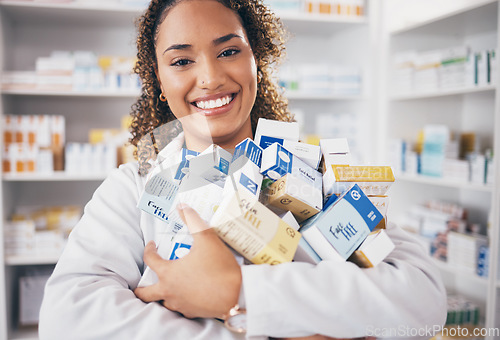 Image of Happy woman in portrait, pills and pharmacist in pharmacy with healthcare and medicine in drug store. Vitamins, supplements and female smile with prescription medication in pharmaceutical industry