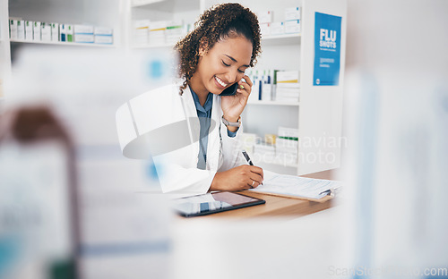 Image of Phone call, pharmacist or woman in pharmacy writing with smile in customer services or healthcare clinic. Help desk, welcome or happy doctor speaking, consulting or talking in medication on drugstore