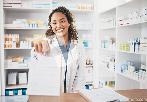 Image of Pharmacy portrait, medicine bag or happy woman giving package to pov patient in customer services. Pharmacist help desk, smile or doctor with pharmaceutical note or medical product receipt in clinic