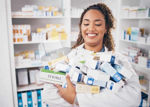 Image of Happy woman, pills and pharmacist in pharmacy with drugs, healthcare and medicine in drug store. Vitamins, supplements and female smile with prescription medication in pharmaceutical industry