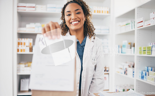 Image of Pharmacy, medicine bag or portrait of woman giving package to pov patient in customer services. Healthcare help desk, pharmacist or happy doctor with pharmaceutical note or medical product receipt