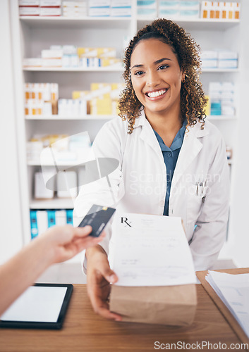 Image of Credit card, pharmacy medicine or happy woman giving package to pov patient or customer shopping. Pharmacist help desk, payment or doctor with pharmaceutical note or medical product receipt in clinic