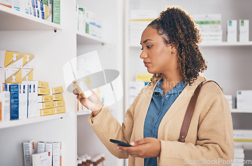 Image of Pharmaceutical, medication and female customer choosing healthcare products or drugs in a drugstore. Dispensary, medical and woman reading box of pills or medicine in retail pharmacy shop or chemist.