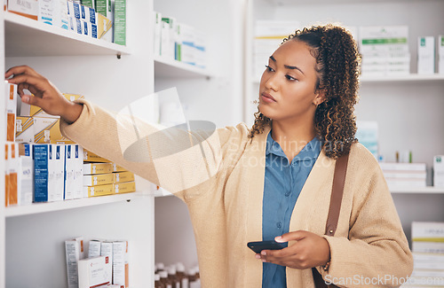 Image of Pharmacy, medicine and female customer choosing healthcare products or drugs in a drugstore. Dispensary, medical and woman patient shopping for medication in retail pharmaceutical shop or chemist.