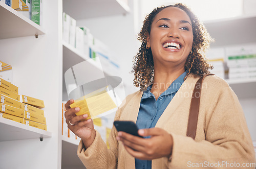 Image of Pharmacy, phone or happy woman with medicine, pills or medication products in retail drugstore. Smile, choice or customer searching online or reading box of supplements or shopping in medical chemist