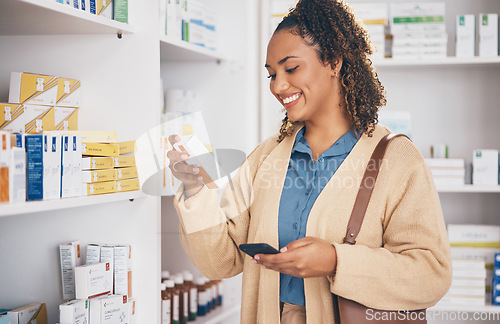 Image of Pharmacy, phone or happy woman with medicine, healthcare products or medication in drugstore. Smile, choice or customer searching online or reading box of pills or shopping in medical chemist retail