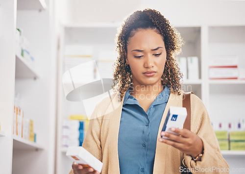 Image of Pharmacy, confused woman or customer with medicine or healthcare products or medication in drugstore. Doubt, choice or person searching or reading box of pills or shopping in medical chemist retail