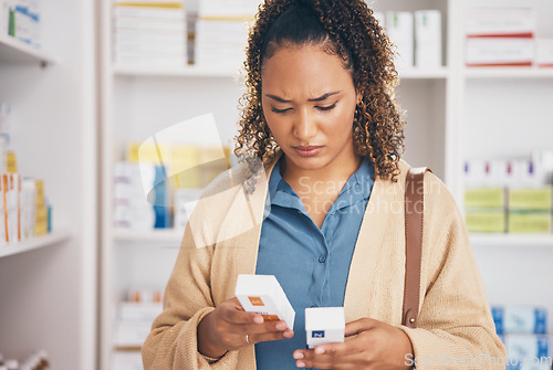 Image of Pharmacy, customer or woman with doubt about medicine or healthcare products or medication in drugstore. Confused, choice or person searching or reading box of pills or shopping in medical chemist