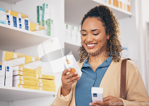 Image of Pharmacy, decision or happy woman reading medicine, pills or medication products in retail drugstore. Choice, searching or customer with a box of supplements or shopping in medical healthcare chemist