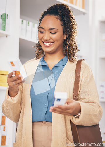 Image of Pharmacy, search or happy woman reading medicine, pills or medication products in retail drugstore. Choice, decision or customer with a box of supplements or shopping in medical healthcare chemist