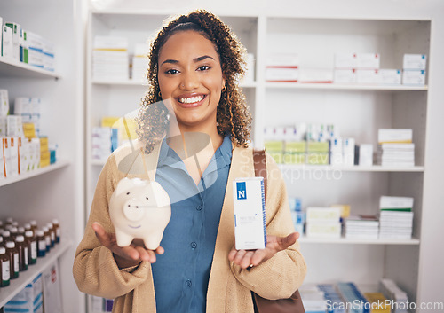 Image of Pharmacy, piggy bank and portrait of woman with medicine, medication and pills for wellness. Healthcare, health insurance and happy female with financial savings, money and cash for medical product