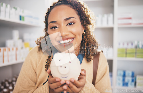 Image of Pharmacy, piggy bank and portrait of woman with money, financial savings and payment for medical products. Healthcare, health insurance and happy female with cash for medicine, medication and pills