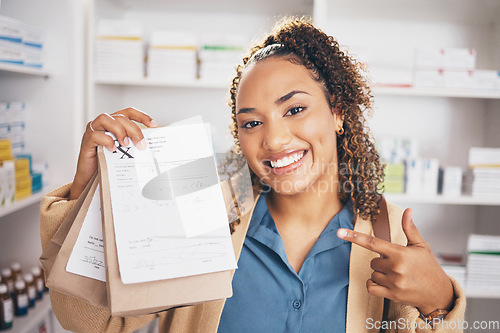 Image of Pharmacy, medicine or portrait of happy woman with bag or healthcare products or medicine in drugstore. Receipt, pharmaceutical note or customer pointing to pills package shopping in medical chemist